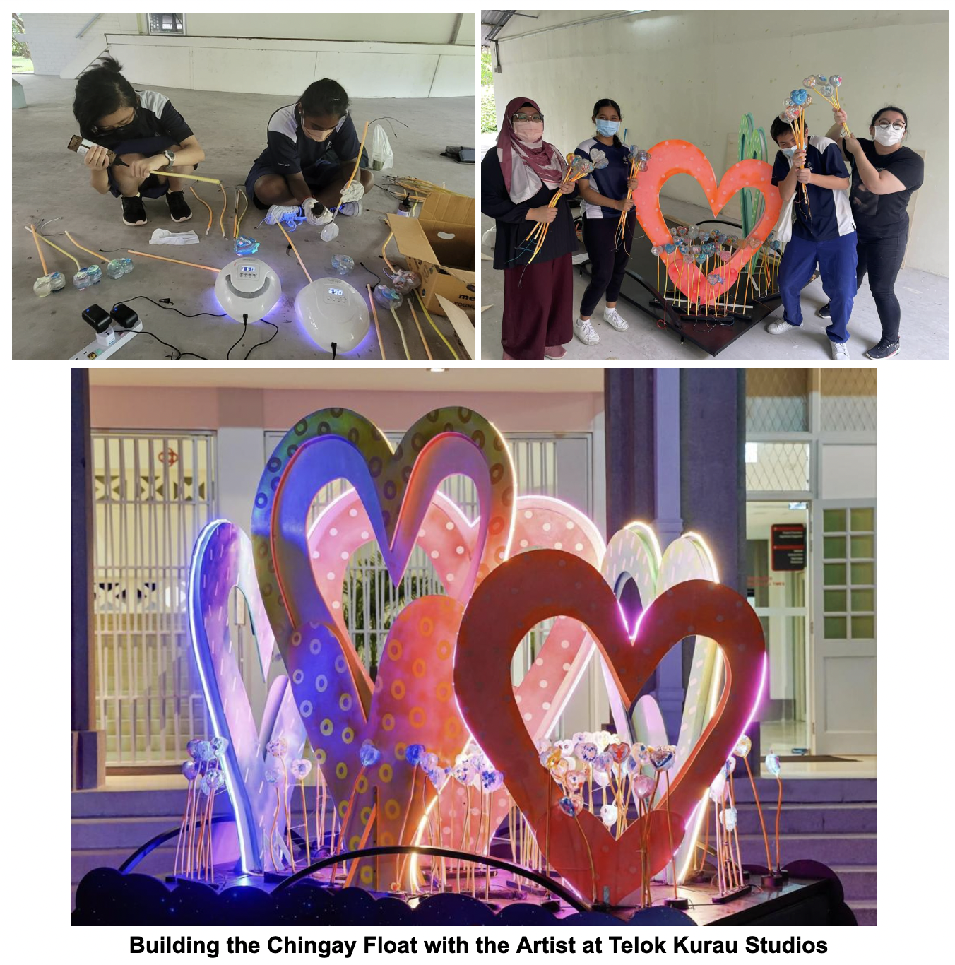 Students build and pose with a colorful illuminated Chingay float featuring large heart shapes and neon lights.